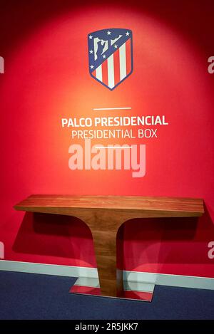 Nel box presidenziale dell'arena Civitas Metropolitano - lo stadio ufficiale del FC Atletico, Madrid Foto Stock