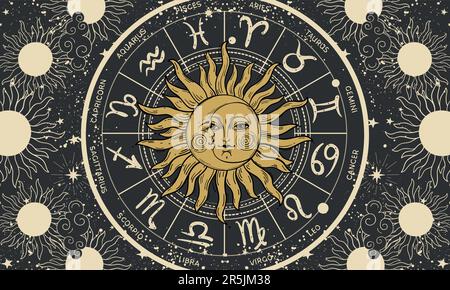 Banner astrologico con segni di sole, luna e zodiaco, cartellino mistico su sfondo nero, sfondo oroscopo, illustrazione boho del vettore magico, fortu Illustrazione Vettoriale