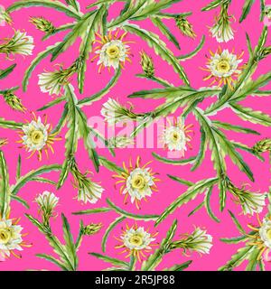 Fiori di cactus rosa al neon su rami verdi e gemme acquerello senza cuciture motivo. Disegno botanico realistico Foto Stock