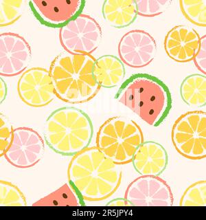 Modello Summer Vector senza cuciture in stile retrò con cocomero e fette di arancia Illustrazione Vettoriale