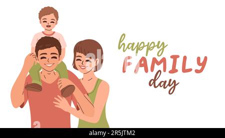 Poster vettoriale, banner, biglietto d'auguri per il giorno della famiglia felice. Famiglia carina, genitori con bambini. Illustrazione Vettoriale