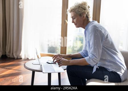 Donna anziana del proprietario di abitazione che fa il lavoro finanziario di contabilità nel paese Foto Stock