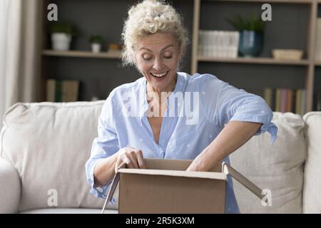 Felice sorpresa cliente negozio online donna apertura pacco Foto Stock