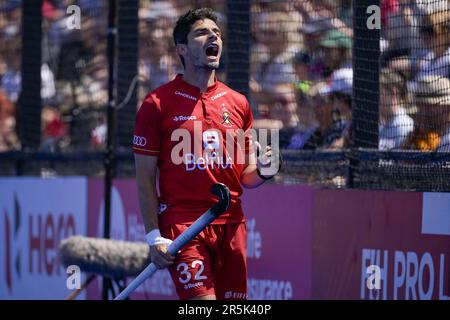 Londra, Regno Unito. 04th giugno, 2023. Tanguy Cosyns belga reagisce durante una partita tra i Red Lions belgi e il Regno Unito, la quarta partita (su 12) nella fase di gruppo della FIH Pro League maschile 2023, domenica 04 giugno 2023 a Londra, Regno Unito. BELGA PHOTO LAURIE DIEFFEMBACQ Credit: Belga News Agency/Alamy Live News Foto Stock