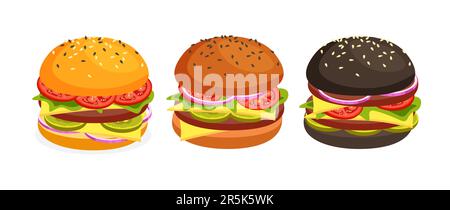 Hamburger vettoriali con set di panini di colore diverso. Hamburger con formaggio, pomodori, tritare, lattuga, cipolla. Fast food o junkfood. Illustrazione Vettoriale