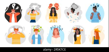 Pensieri negativi e umore nella gente imposta l'illustrazione vettoriale. Cartoon personaggi maschili e femminili con stress e ansia in volti infelici, maltempo, fantasmi e domande su teste di pessimisti Illustrazione Vettoriale
