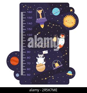 Tabella dell'altezza dei bambini con illustrazione vettoriale degli animali dello spazio carino. Fumetto divertente koala, volpe e giraffe astronauti che volano con astronauti tra pianeti e stelle su un regnante parietale kindergarden con scale Illustrazione Vettoriale