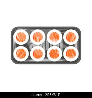 Vector sushi take away. Scatola di plastica con cibo giapponese con copertura in cellophane. Vista dall'alto. Illustrazione Vettoriale