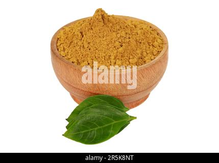 Foglie di neem fresco con polvere di foglie di neem su ciotola di legno Foto Stock