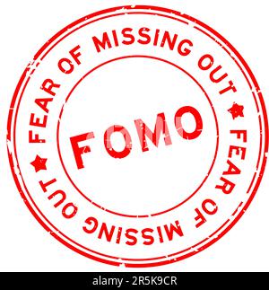 Grunge rosso FOMO paura di perdere parola rotondo sigillo timbro di gomma su sfondo bianco Illustrazione Vettoriale