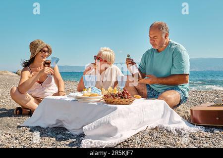 Picnic estivo sulla spiaggia. Gruppo di amici che hanno pic-nic con frutta fresca, vino e antipasti all'aperto al mare in spiaggia. Foto Stock