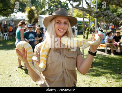 Cairns, Australia. 04th giugno, 2023. Cairns, Australia. 04th giugno, 2023. Un membro dello staff di Hartley's Crocodile Adventures tiene un pitone di tappeti albini alla Cairns Eco Fiesta nel Munro Martin Parklands. Organizzato dal Cairns Regional Council, l'Eco Fiesta è un festival di ambiente e sostenibilità, dedicato a celebrare e sostenere la Grande barriera Corallina del Queensland settentrionale e le foreste pluviali Wet Tropics. Spettatori e gruppi ambientalisti si sono riuniti nel Munro Martin Parklands di Cairns per cibi locali, tecnologie verdi, prodotti riciclati, musica dal vivo, conferenze e workshop. Credito: SOPA Foto Stock