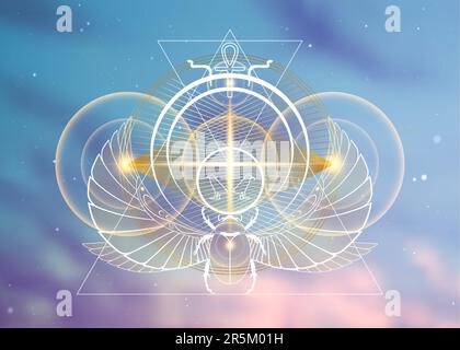 Geometria sacra planetaria egiziana, sovrapposizione delle linee d'oro scarabeo, forma a triangoli su cerchi. Orbite dell'energia divina. Alchimia, magia, esoterica Illustrazione Vettoriale