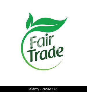Simbolo del logo del commercio equo e solidale con motivo circolare verde a foglia vettore di etichetta isolato su sfondo bianco Illustrazione Vettoriale