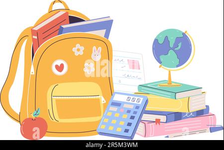Cancelleria scolastica, zaino, pile di libri e notebook. Calcolatrice e globo, borsa studio con libro all'interno. Elementi vettoriali per l'educazione dei cartoni animati Illustrazione Vettoriale