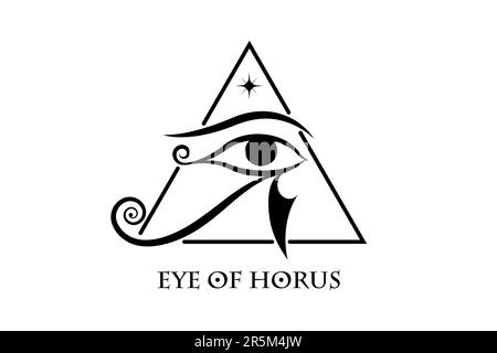 Design con logo Eye of Horus. L'antico segno della Luna Egiziana. Potente amuleto Pharaohs, tatuaggio vettore nero isolato su sfondo bianco Illustrazione Vettoriale