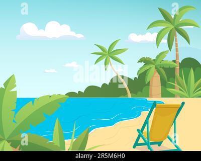 Spiaggia estiva. Rilassati sul mare con le palme. Orizzontale pulito vettoriale Illustrazione Vettoriale