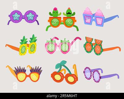 Occhiali da festa. Articoli alla moda divertenti per la decorazione degli occhi occhiali da sole recenti vettoriali colorati Illustrazione Vettoriale