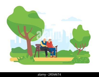 Uomo e donna anziani seduti insieme sulla panchina. Nonna e nonno camminano nel parco cittadino. Data dei nonni sorridenti. Persone anziane in relax Illustrazione Vettoriale
