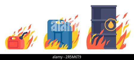 Incendio nei serbatoi di benzina e di petrolio. Barili che bruciano. Contenitori infiammabili. Stoccaggio di carburante pericoloso. Contenitori di petrolio in fiamma. Inquinamento ambientale Illustrazione Vettoriale
