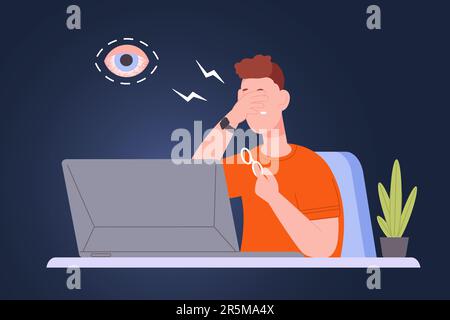 Uomo con occhi asciutti. Uomo d'affari stanco al laptop soffre dolore in occhio malato danneggiato dal computer, vista caduta offuscata problemi clinici oftalmologia, congiuntivite illustrazione vettoriale di occhi asciutti stanchi Illustrazione Vettoriale