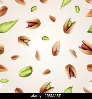 Motivo pistacchi. Pistacchio realistico senza cuciture di fondo texture, isolato 3D crudo cadendo noci natura cibo biologico, pistaccio salato, salute mangiare vettore illustrazione di pistacchio senza cuciture modello Illustrazione Vettoriale