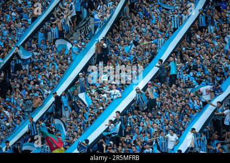 Porto Alegre, Brasile. 04th giugno, 2023. Arena do Gremio tifosi di Gremio, durante la partita tra Gremio e Sao Paulo, per il 9th° round del Campionato brasiliano 2023, all'Arena do Gremio, questa domenica 04. €30761 (Richard Ducker/SPP) Credit: SPP Sport Press Photo. /Alamy Live News Foto Stock