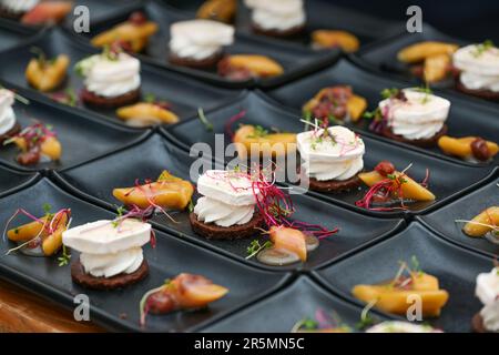 Molti antipasti preparati di formaggio feta e rabarbaro con contorno di germogli disposti su piatti neri per un menu gourmet festoso, focus selezionato, de stretta Foto Stock