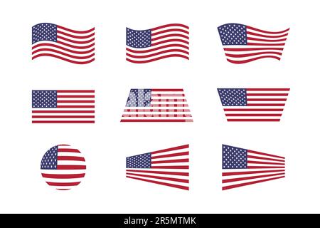 Set piatto bandiere USA. Illustrazione vettoriale. Simbolo degli Stati Uniti d'America. Bandiera circolare, rettangolare, ondulata isolata su sfondo bianco Illustrazione Vettoriale