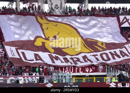 Torino, Italia. 3rd giugno, 2023. Italia, Torino, giugno 3 2023: I sostenitori del Torino FC hanno fatto ondate le bandiere e gli striscioni negli stand durante il gioco di calcio Torino FC vs FC Inter, Serie A Tim 2022-2023 day38 Torino stadio Olimpico (Credit Image: © Fabrizio Andrea Bertani/Pacific Press via ZUMA Press Wire) SOLO USO EDITORIALE! Non per USO commerciale! Foto Stock