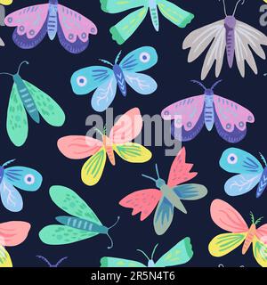 Modello senza cuciture con graziose farfalle e falene. Illustrazione disegnata a mano per la progettazione. Illustrazione Vettoriale