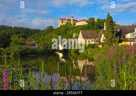 Harburg, Swabia, Castello di Harburg, fiume Woernitz, strada romantica, Baviera, Germania Foto Stock