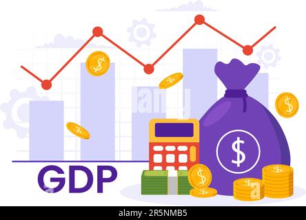 Illustrazione vettoriale del prodotto interno lordo o PIL con colonna crescita economica e grafico della produttività del mercato in modelli disegnati a mano su cartoon piano Illustrazione Vettoriale