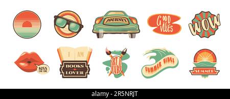 Design del badge da viaggio retrò per l'illustrazione del vettore del campo. Avventura vacanza viaggio Hippie auto vintage. Citazione comica groovy circa l'amante del libro, buone vibrazioni estive con gli occhiali e bacio per la stampa Illustrazione Vettoriale