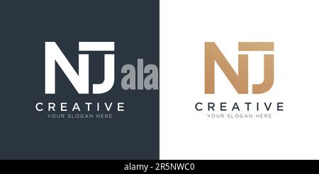 Modello con logo Luxury Letter NJ in colore oro e bianco. Logo NJ Letter di lusso iniziale. Design di un bellissimo logo per il marchio di un'azienda di lusso. Illustrazione Vettoriale