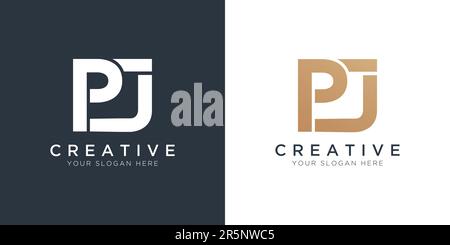 Modello con logo Pj di lusso in oro e bianco. Logo Pj Letter di lusso iniziale. Design di un bellissimo logo per il marchio di un'azienda di lusso. Illustrazione Vettoriale