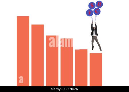 Uscire da una crisi finanziaria indenne. un uomo d'affari che tiene sopra ad un mazzo di palloncini di criptovaluta sulla parte superiore di un grafico contro un bianco Foto Stock