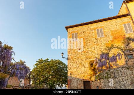 Suns tonalità oro sul muro esterno tradizionale in pietra da vista dal basso angolo. Foto Stock