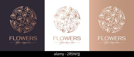 Logo floreale. Fiore di cotone in un cerchio. Fiore di cotone. Logo in stile lineare alla moda per abbigliamento, hotel, cosmetici, spa, salone di bellezza, decorazione, bout Illustrazione Vettoriale