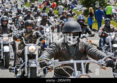 Ciclisti alla giornata nazionale di ride-in organizzata da Ulysses Motorcycle Club per protestare contro i piani del governo di aumentare i prelievi ACC per le biciclette, Foto Stock