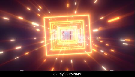 Astratto arancione energia futuristico hi-tech tunnel quadrato di linee di volo neon magico sfondo luminoso. Foto Stock