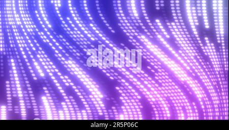 Astratto viola multicolore linee volanti incandescenti strisce di punti luminosi e particelle di energia astratto disco sfondo. Foto Stock