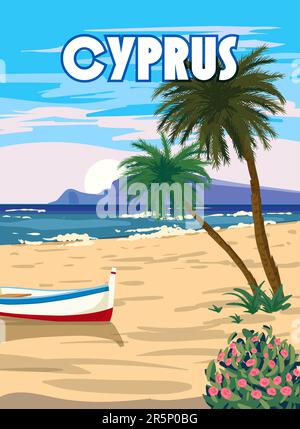 Cipro Poster Travel, mare greco, spiaggia, palme, barca, Poster, paesaggio mediterraneo. Stile vintage Illustrazione Vettoriale