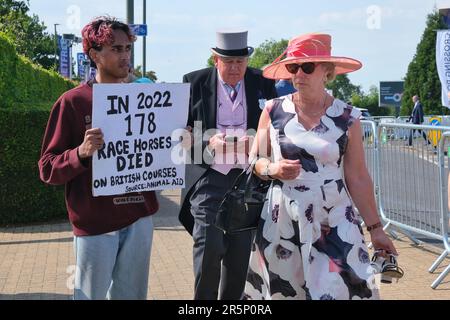 Epsom, Regno Unito. Racegoers passa un attivista per i diritti degli animali nel Derby Day, sottolineando il numero di morti di cavalli da corsa nel 2022. Foto Stock