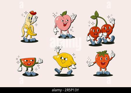 Set di frutta carattere cartoon retrò. Illustrazione del fumetto Vector Funny con Banana, ciliegia, limone, fragola, anguria e pesca in stile Groovy trendy Illustrazione Vettoriale