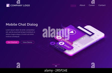 Finestra di dialogo chat mobile pagina di destinazione isometrica, sms e messaggi audio ui layout dell'interfaccia app mobile sullo schermo dello smartphone. Comunicazione mediatica in messaggero, bolle di voce, banner web vettore chatbot 3D Illustrazione Vettoriale