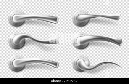 Maniglie in metallo per interni in ufficio, a casa o in hotel. Vector realistic Set di pomoli argentati, moderni manici cromati in diverse forme isolati su sfondo trasparente Illustrazione Vettoriale