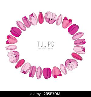 Struttura floreale vettoriale disegnata a mano con tulipani di fiori rosa. Elegante modello con logo. Illustrazione Vettoriale