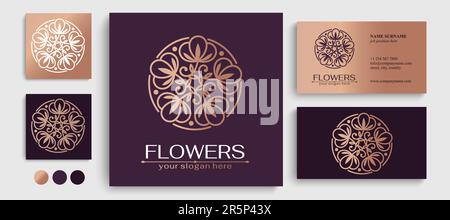 Logo floreale. Fiore di cotone in un cerchio. Fiore di cotone. Logo in stile lineare alla moda per abbigliamento, hotel, cosmetici, spa, salone di bellezza, decorazione, bout Illustrazione Vettoriale