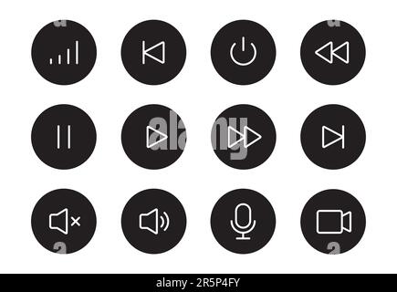 Audio, icona della riga del pulsante del lettore video. Riproduzione musicale, disattivazione audio, pulsante di pausa, set di icone a linea sottile modificabile. Microfono, telecamera, pittogramma audio. Illustrazione vettoriale. Illustrazione Vettoriale